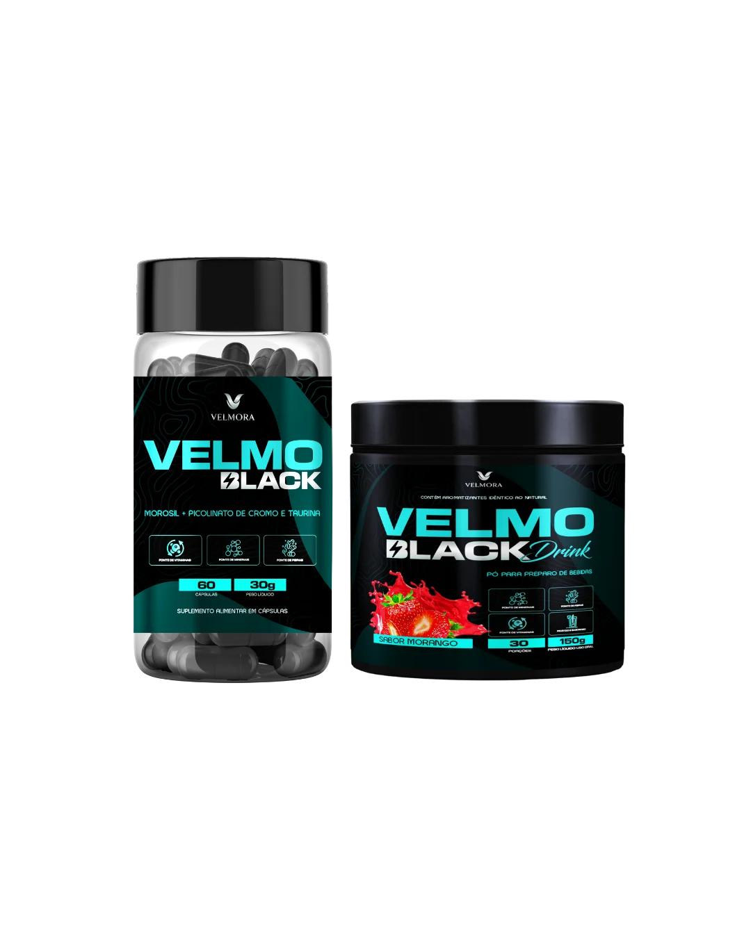 Velmo Black — cápsulas e drink